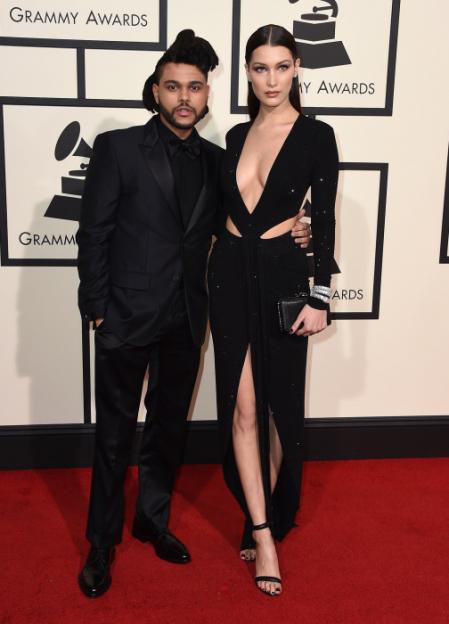Singer The Weeknd, left, and Bella Hadid attending the 58th annual Grammy Awards on Monday, Feb. 15, 2016, in Los Angeles.