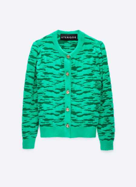 Otro cárdigan  con boton joya en tonos verdes