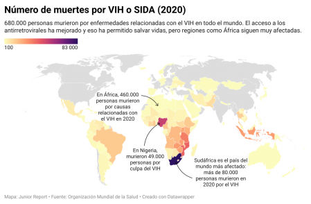 Mapa global con el número de muertes relacionadas con el VIH o el sida.