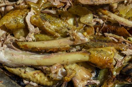 leavings and bones of a baked duck close-up