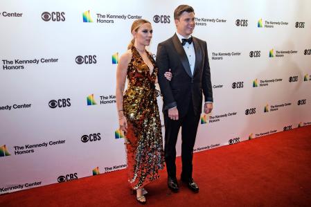 US actress Scarlett Johansson (L) and husband US actor Colin Jost attend the 44th Kennedy Center Honors at the Kennedy Center in Washington, DC, on December 5, 2021. (Photo by Samuel Corum / AFP)