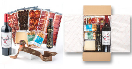 Lote regalo con Ibéricos, queso, rizaditos, mermelada de pisto, vino y aceite de oliva