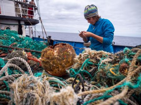 Anika Albrecht, del Ocean Voyages Institute, tomando muestras de animales en plásticos  .