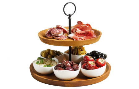 Soporte de madera para servir de 2 pisos con 6 cuencos blancos