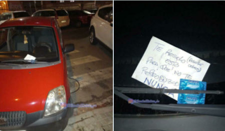 Esta es la irónica nota con un preservativo que un ciudadano dejó en el parabrisas de un coche aparcado en un paso de peatones 