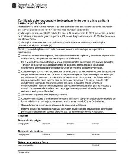 Certificado de auto-responsabilidad para realizar desplazamientos durante el toque de queda