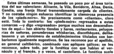 Fragmento de un artículo de Joan Fuster sobre los pied noirs de Alicante publicado en 1970