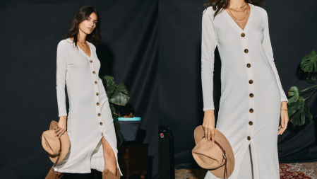 Vestido midi abotonado con cuello en pico de punto Slowlove en Springfield