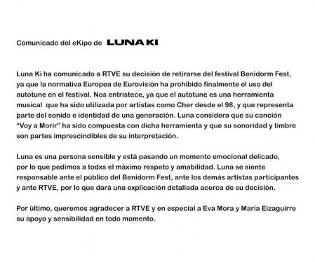 Luna Ki asegura en su comunicado que abandona el Benidorm Fest por no poder utilizar 'Autotune'