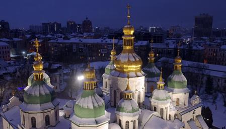 KYIV, UKRAINE - JANUARY 23: Saint Sophia Cathedral, whose origins date to the 11th century under Kyivan Rus, stands illuminated on January 23, 2022 in Kyiv, Ukraine. Tens of thousands of Russian troops have amassed on Ukraine's borders, causing international fears of a possible Russian military invasion. While Russian diplomats have denied any such intent, Russian President Vladimir Putin has said in the past that he sees Kyiv and its Kyivan Rus heritage as intrinsic to Russian cultural heritage. Kyivan Rus united East Slavic, Finnic and Baltic peoples in a federation from the 9th to 13th centuries. Belarus, Russia and Ukraine all refer to Kyivan Rus in their national heritage.