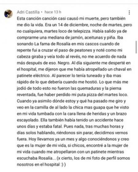 El comentario entero que se puede leer en YouTube