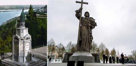 Estatua de Volodymyr el Grande en Kiev (izqda.) y su equivalente en Moscú durante su inauguración por Putin en 2016.