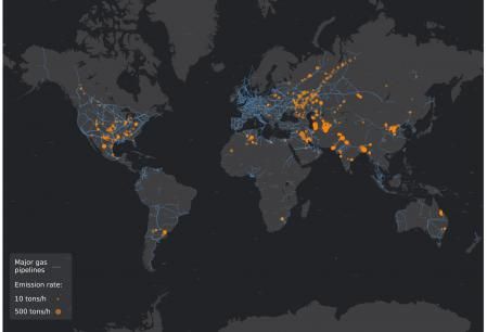 Mapa de principales emisiones de meano, creado con datos obtenidos por los datélites de la NASA y la ESA  .