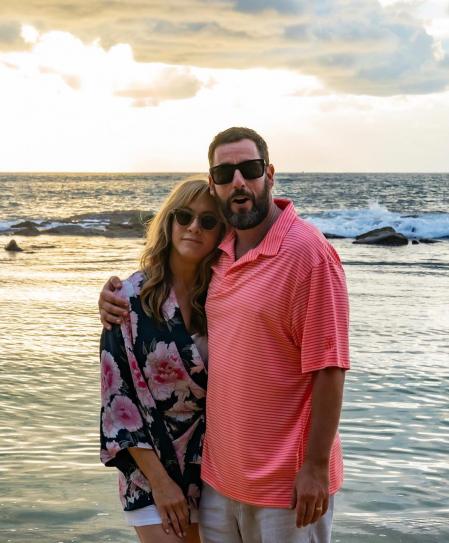 Jennifer Aniston y Adam Sandler en el rodaje de la película 'Murder Mystery'