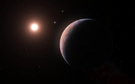 Ilustración artística de Proxima d. Pueden apreciarse otros dos planetas más: Proxima b, de masa similar a la Tierra que orbita su estrella en 11 días, y Proxima, que la orbita en 1900 días