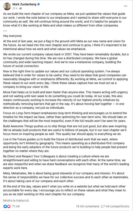 Mensaje de Mark Zuckerberg en Facebook