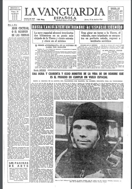 La portada de 'la Vanguardia' del 13 de abril de 1961 recogía la hazaña espacial de Gagarin