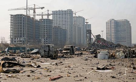 KYIV, UKRAINE - MARCH 23: The site of a rocket explosion where a shopping mall used to be on March 23, 2022 in Kyiv, Ukraine. The rocket hit the shopping mall on March 20, 2022. As Russia's advance on Kyiv has largely stalled, the Ukrainian capital has continued to be hit by missiles and shellfire. More than three million people have fled Ukraine since Russia launched its large-scale invasion of the country on Feb. 24. (Photo by Anastasia Vlasova/Getty Images)