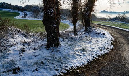 Saliendo del camino que lleva a la casa con nieblas en el valle.