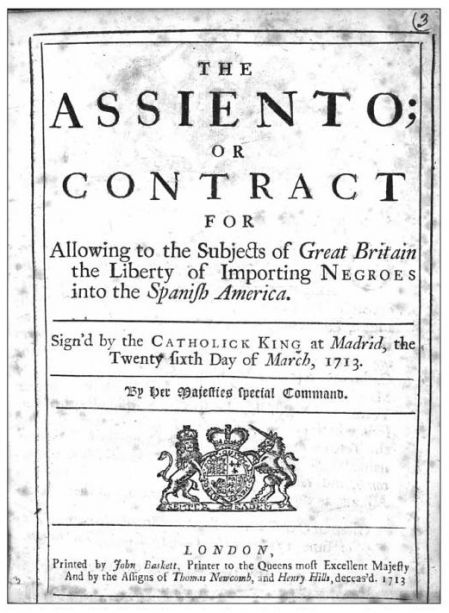 Portada de la traducción al inglés del contrato de Asiento firmado por Gran Bretaña y España en 1713 como parte del tratado de Utrecht.