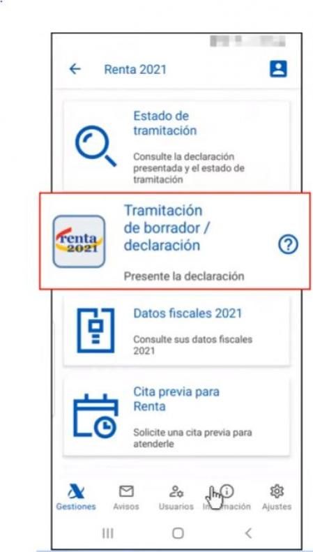 Apartado Tramitación de borrador / declaración en la app de la Agencia Tributaria