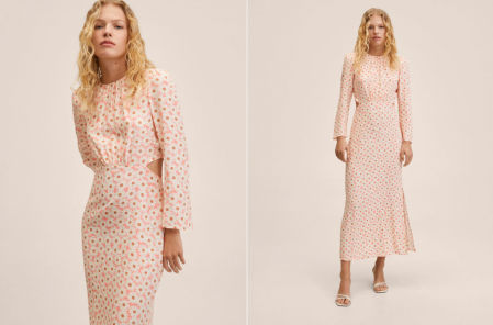 Vestido largo de tejido fluido y diseño evasé, de Mango.