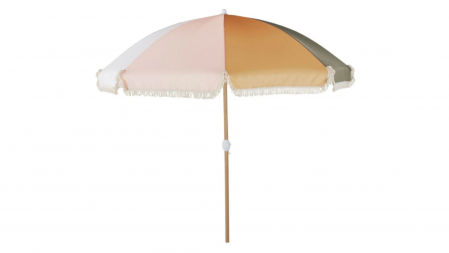 Sombrilla vintage de tela verde caqui, naranja, beige y rosa Nicolo