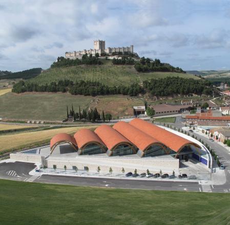 Foto Aerea Bodegas Protos, con el Castillo de Peñafiel al fondo