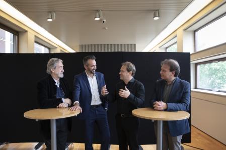 Jordi Savall, Robert Brufau, director de L'Auditori, Ludovic Morlot, nuevo titular de la OBC, y Jose Rafael Pascual Vilaplana, director de la Banda Municipal