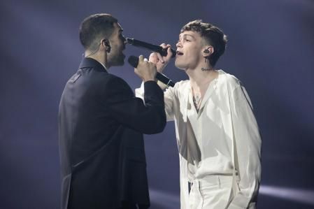 Mahmood & Blanco, representantes de Italia, durante el segundo ensayo de Eurovisión 2022