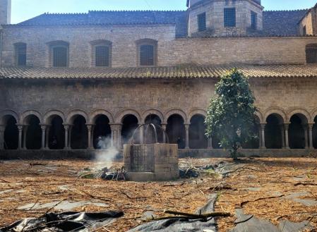 Montaje que invita a reflexionar sobre el futuro del planeta en el claustro de la Catedral de Girona.