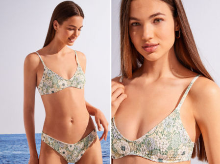 Conjunto de top y braga de flores verdes con textura.