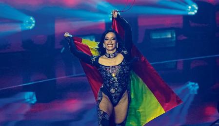Chanel from Spain singing 'SloMo' arrives for the Grand Final of the Eurovision Song Contest at Palaolimpico arena, in Turin, Italy, Saturday, May 14, 2022. (AP Photo/Luca Bruno)