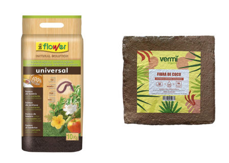 Humus de lombriz de la marca Flower y fibra de coco orgánica de la Vermiorganic.