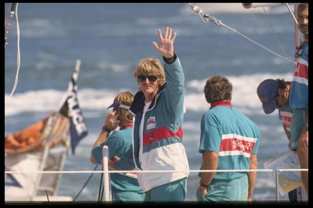 1990:  Peter Blake the skipper of Steinlager II salutes the crowd during the Whitbread round the world yacht race. Mandatory Credit: Simon Bruty/Allsport