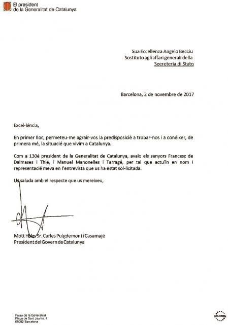 PRESUNTA CARTA ENVIADA POR CARLES PUIGDEMONT AL VATICANO