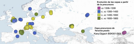 Mapa de todos los genomas de cepas históricas de Yersinia pestis, utilizados en el estudio. Los colores representan diferentes edades del genoma entre el 1300 y el 1800 y los focos en los que se encontraron.
