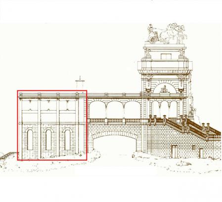 Dibujo de la parte trasera de la Cascada de la Ciutadella con el acuario.