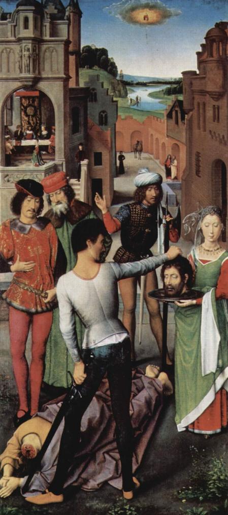 Retablo de las Bodas místicas de santa Catalina de Alejandría, detalle: Decapitación del Bautista, 1479, Museo Memling, Brujas