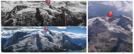 Zona de la Marmolada (flecha en rojo en imagenes comparadas) en la que se produjo la avalancha el domingo 3 de julio  .