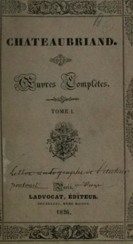 Portada de las obras completas de Chateaubriand.