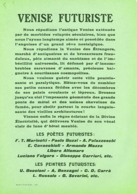 Una de las octavillas que los futuristas lanzaron en Venecia contra el turismo