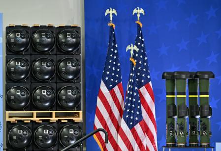 TROY, USA - MAY 3: Javelin anti-tank missiles are seen during US President Joe Biden's visit at Lockheed Martin facility which manufactures weapon systems such as Javelin anti-tank missiles, which the Biden-Harris Administration is providing Ukraine in Troy, AL, United States on May 3, 2022 (Photo by Peter Zay/Anadolu Agency via Getty Images)