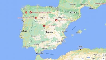 Google Maps con la capa de incendios forestales activada