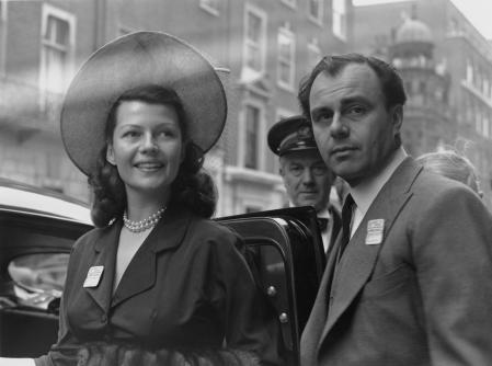 American actress Rita Hayworth (1918 - 1987) and her husband Prince Aly Khan (1911 - 1960) leave the Ritz Hotel in London for Ascot, 15th June 1949. (Photo by Keystone/Hulton Archive/Getty Images)