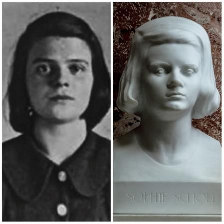 Una foto y un busto de Sophie Scholl