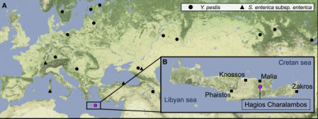Ubicación de sitios arqueológicos con evidencia de Y. pestis y S. enterica en Eurasia y mapa de Creta (B) que muestra la ubicación de Hagios Charalambos