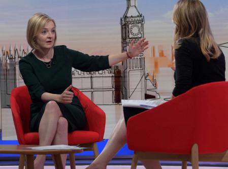 Conservative leadership candidate Liz Truss appears on BBC's Sunday with Laura Kuenssberg show presented by Laura Kuenssberg in London, Britain, September 4, 2022. Jeff Overs/BBC/Handout via REUTERS. ATTENTION EDITORS - THIS IMAGE HAS BEEN SUPPLIED BY A THIRD PARTY. NO RESALES. NO ARCHIVES. NOT FOR USE MORE THAN 21 DAYS AFTER ISSUE. MANDATORY CREDIT.