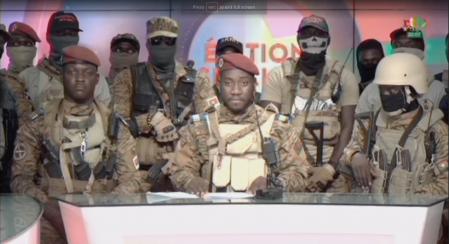 Kiswensida Farouk Aziz Sorgho announces on television that army captain Ibrahim Traore has ousted Burkina Faso's military leader Paul-Henri Damiba and dissolved the government and constitution, in Ouagadougou, Burkina Faso, September 30, 2022, in this still image obtained from a video. Radio Television Burkina Faso/Handout via REUTERS THIS IMAGE HAS BEEN SUPPLIED BY A THIRD PARTY. NO RESALES. NO ARCHIVES. MANDATORY CREDIT. BURKINA FASO OUT. NO COMMERCIAL OR EDITORIAL SALES IN BURKINA FASO