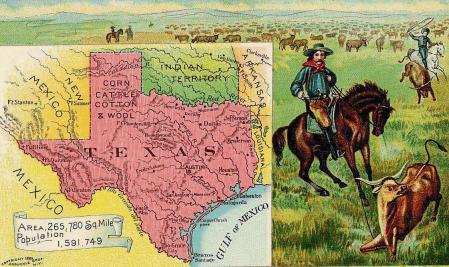 Map from 'Arbuckles' Illustrated Atlas of the United States of America,' produced by the Arbuckle Brothers Coffee Company, depicts the state of Texas, 1889. The map is surrounded by scenes from the state, and originally appeared on a page with three other maps; Indian Territory (Oklahoma), New Mexico, and South Dakota. (Photo by Buyenlarge/Getty Images)